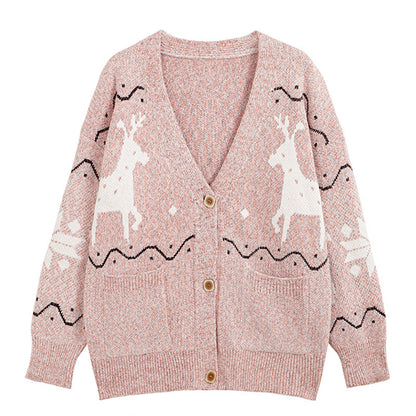 Ladies Comfortable Pullover with Reindeer Pattern and Pockets Chic and Style