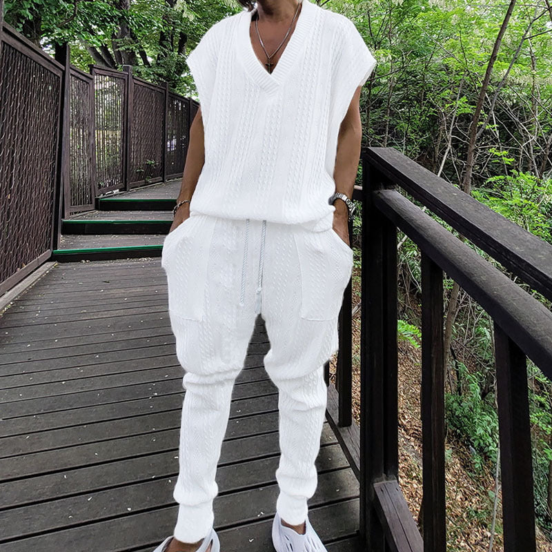 Dames combinaison à col V en tricot à la mode avec pantalon confortable Chic und Stil