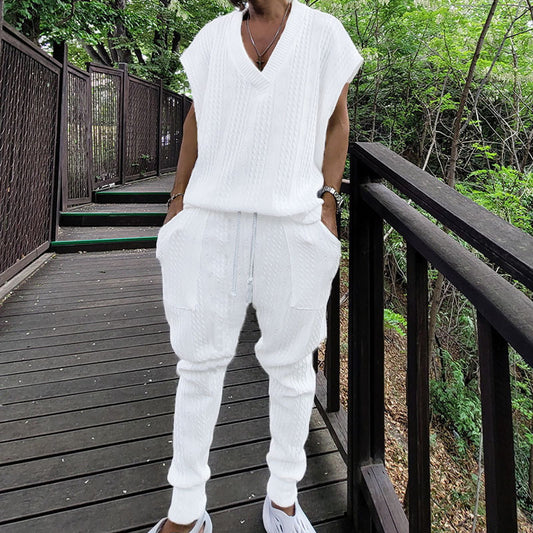 Dames combinaison à col V en tricot à la mode avec pantalon confortable Chic und Stil