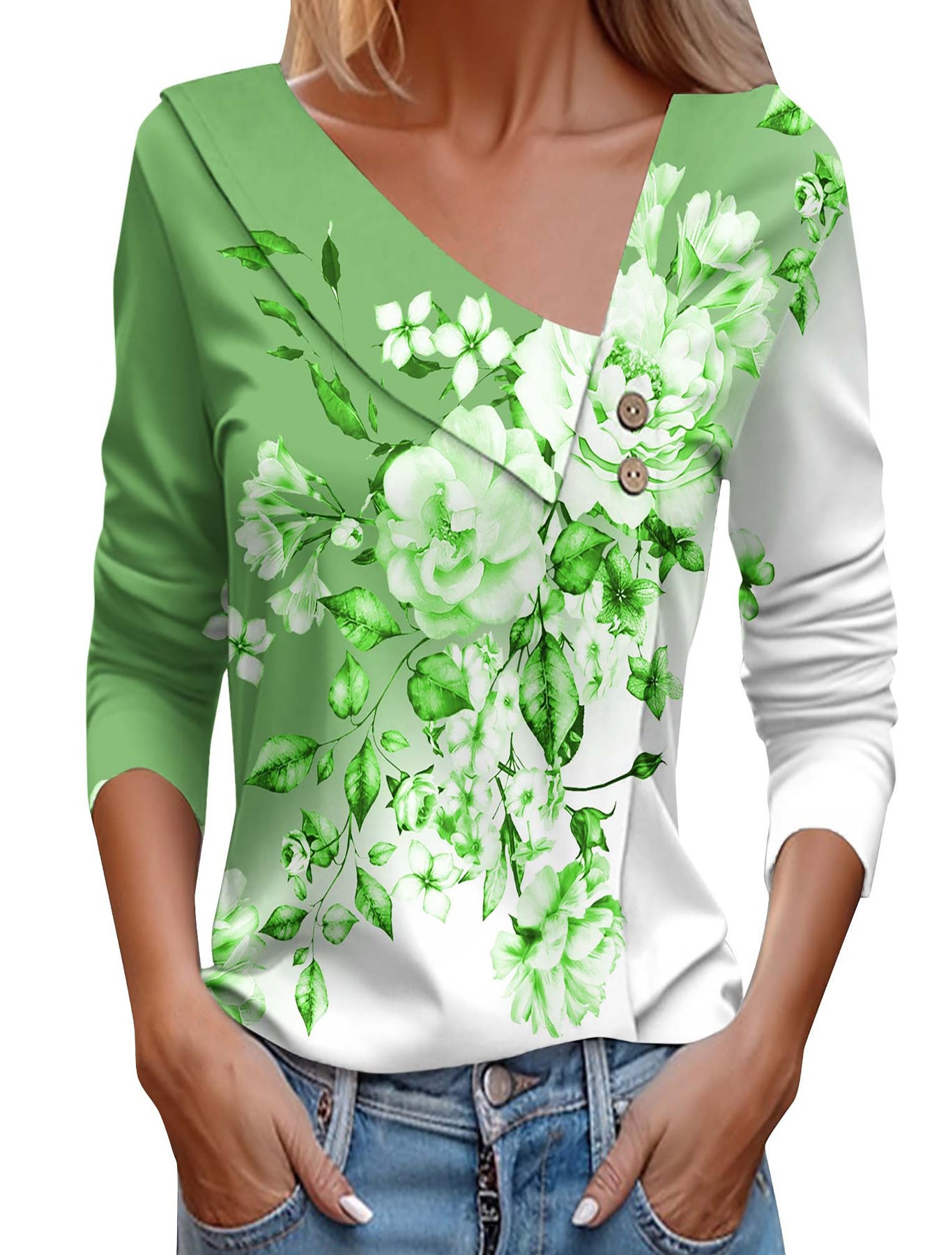 Chemisier dames avec application florale et détails de boutons modernes Chic und Stil