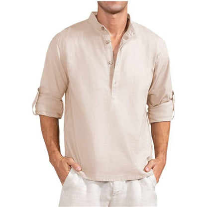 Chemise en lin pour hommes avec col montant et détails de boutons pratiques Chic und Stil