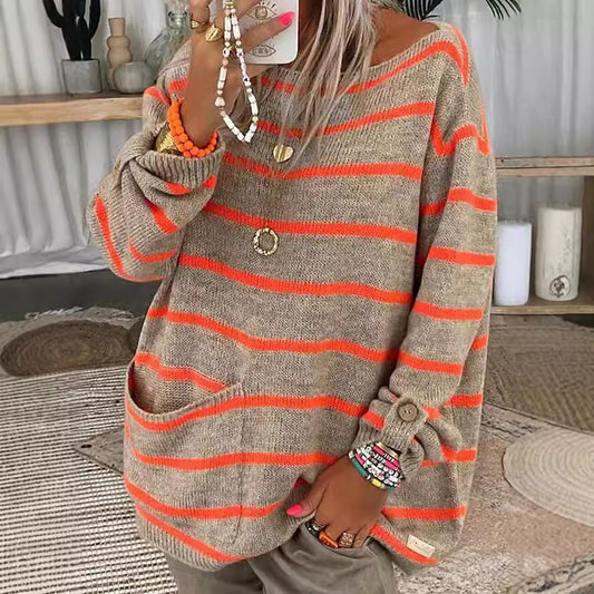 Pull en tricot surdimensionné pour femmes avec des rayures élégantes et des poches pratiques Chic und Stil