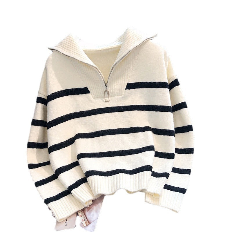 Pull à col roulé pour femmes avec fermeture éclair tendance et motif rayé Chic und Stil