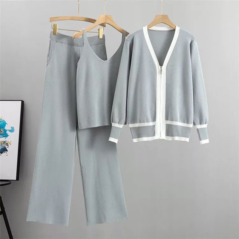 Casual knit loungewear set for women with high-quality zip cardigan and wide-leg pants Chic and Style