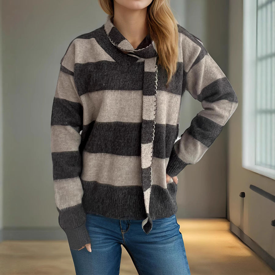 Pull-over en tricot décontracté pour femmes avec motif à rayures moderne et écharpe décorative Chic und Stil