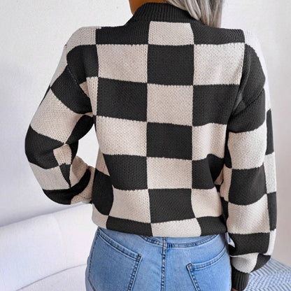 Dames Pull en tricot à motif écossais avec col rond à la mode Chic und Stil