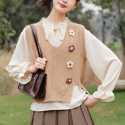 Dames gros tricot gilet avec décolleté en V et accents floraux Chic und Stil