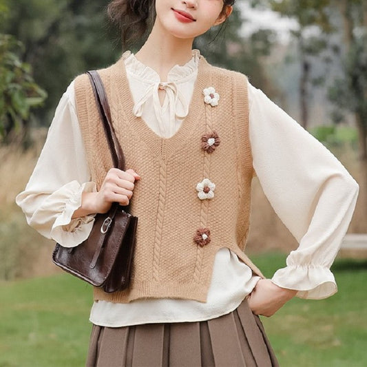 Dames gros tricot gilet avec décolleté en V et accents floraux Chic und Stil