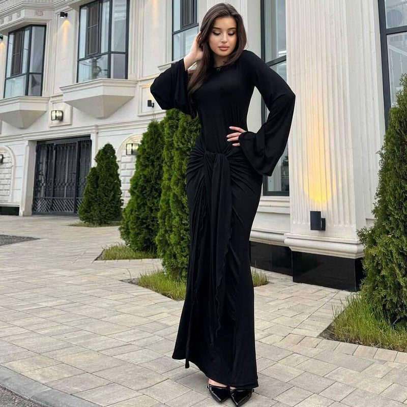 Robe maxi élégante pour femmes avec ourlet incurvé et manches chauve-souris décontractées Chic und Stil
