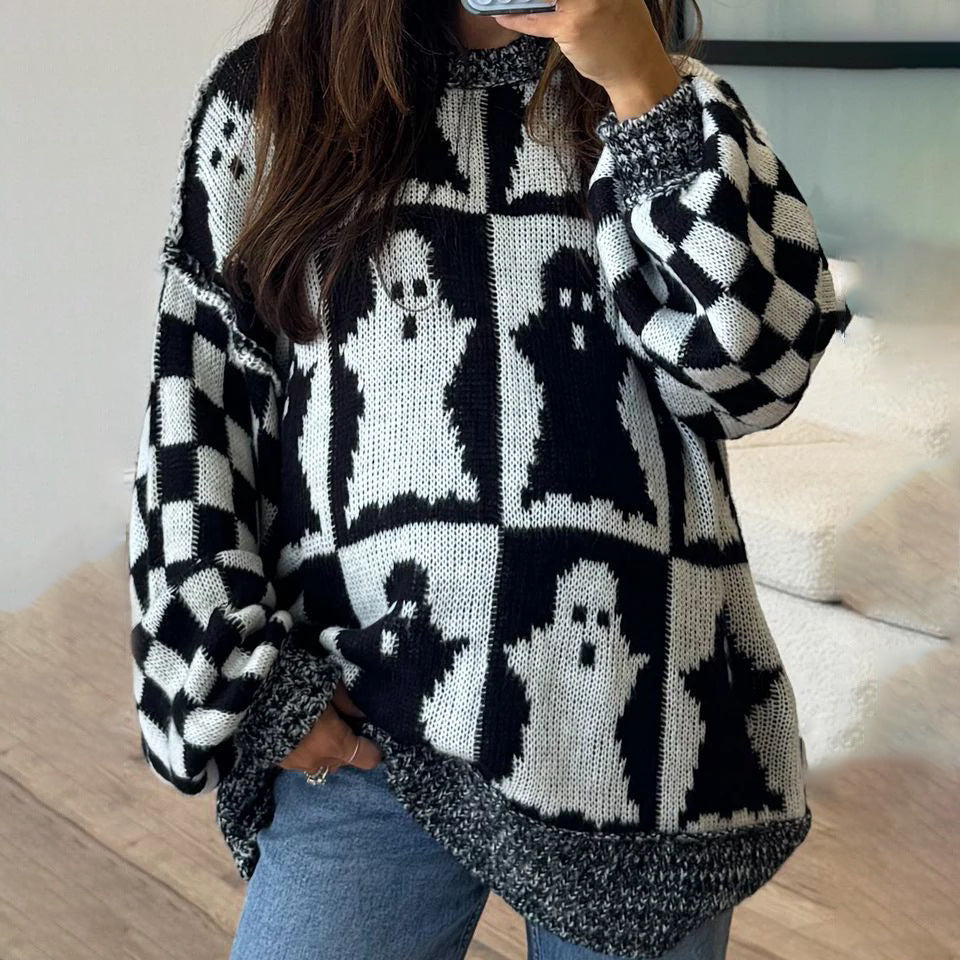 Pull en maille épaisse pour femmes avec un motif de fantôme moderne et une coupe décontractée Chic und Stil