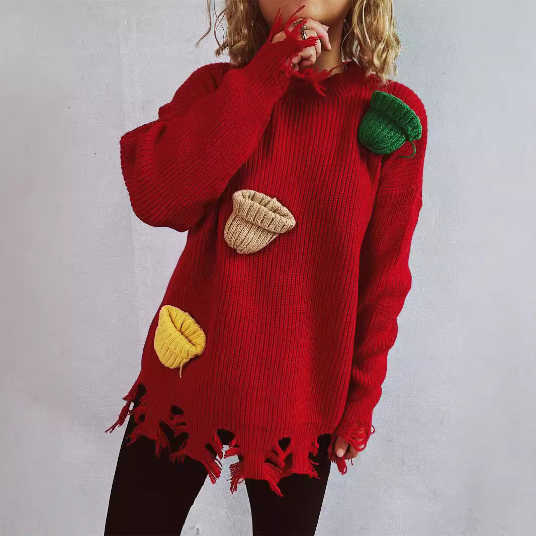 Pull over-sized décontracté pour femmes avec des détails frangés et des appliques colorées Chic und Stil