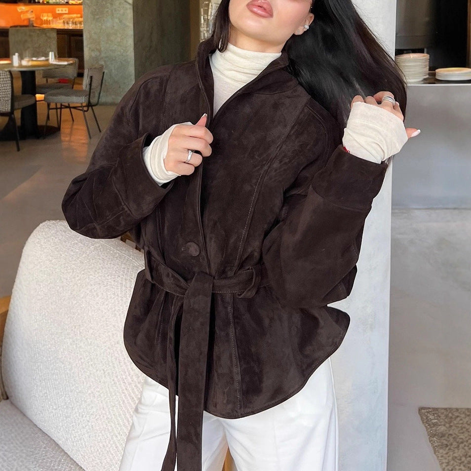 Blazer en suède élégant et à la mode pour femmes avec ceinture Chic und Stil