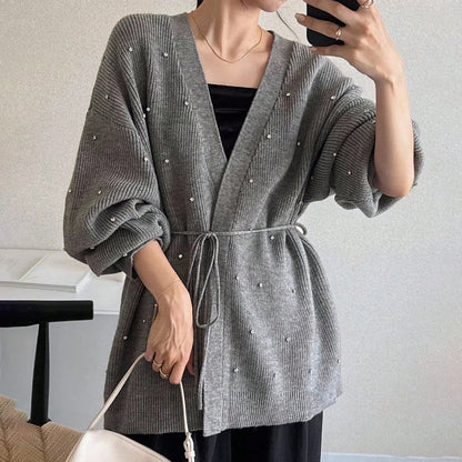 Dames Élégant Cardigan en Tricot avec Accent de Perles Chic und Stil
