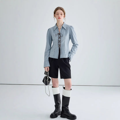 Blouse en jean élégante pour femmes avec fermeture en dentelle Chic und Stil