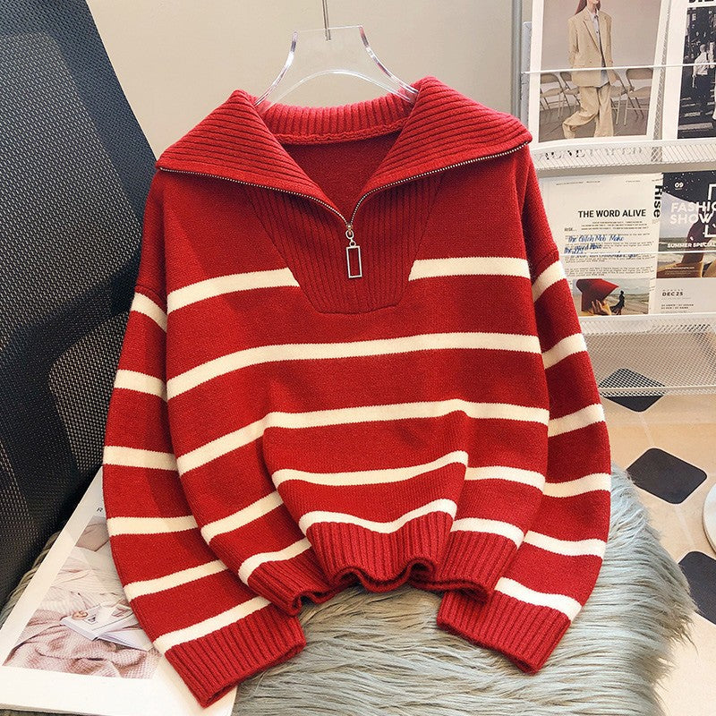 Pull à col roulé pour femmes avec fermeture éclair tendance et motif rayé Chic und Stil