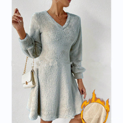 Dames Robe Douce à Col V avec Manches Longues Chic und Stil