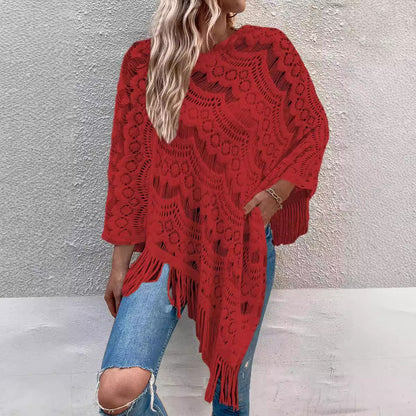 Dames Élegant Poncho en Crochet avec Franges Chic und Stil