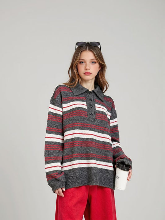 Pull en tricot élégant pour femmes avec col polo et motif rayé Chic und Stil
