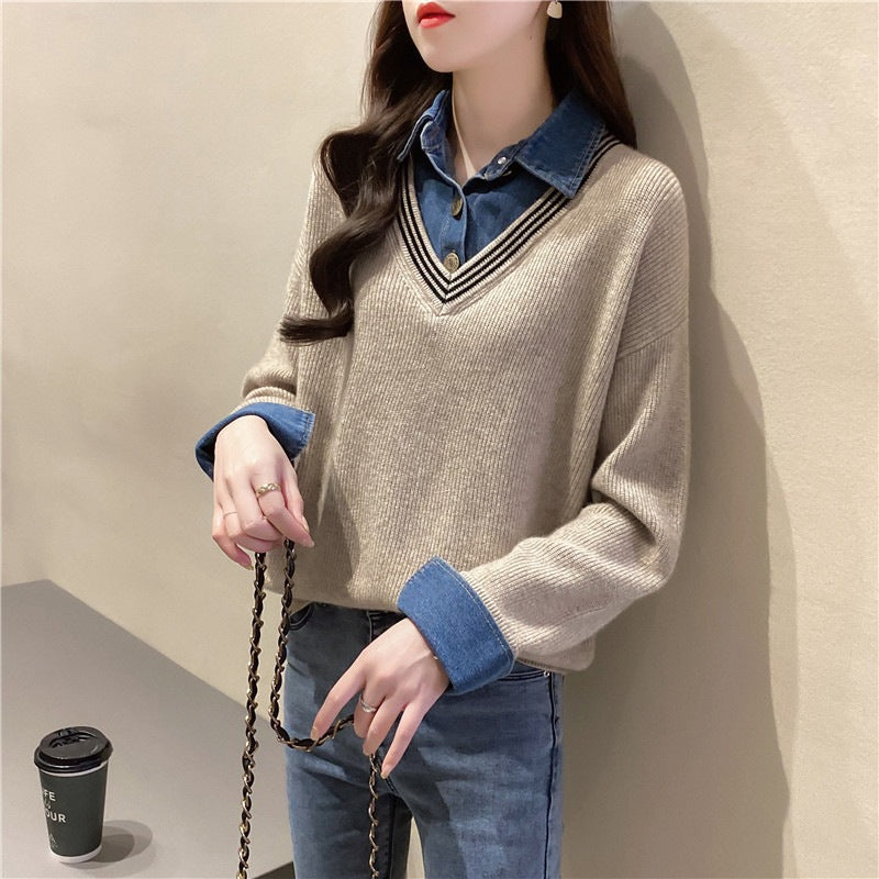 Pull femme à col V avec détails en denim Chic und Stil