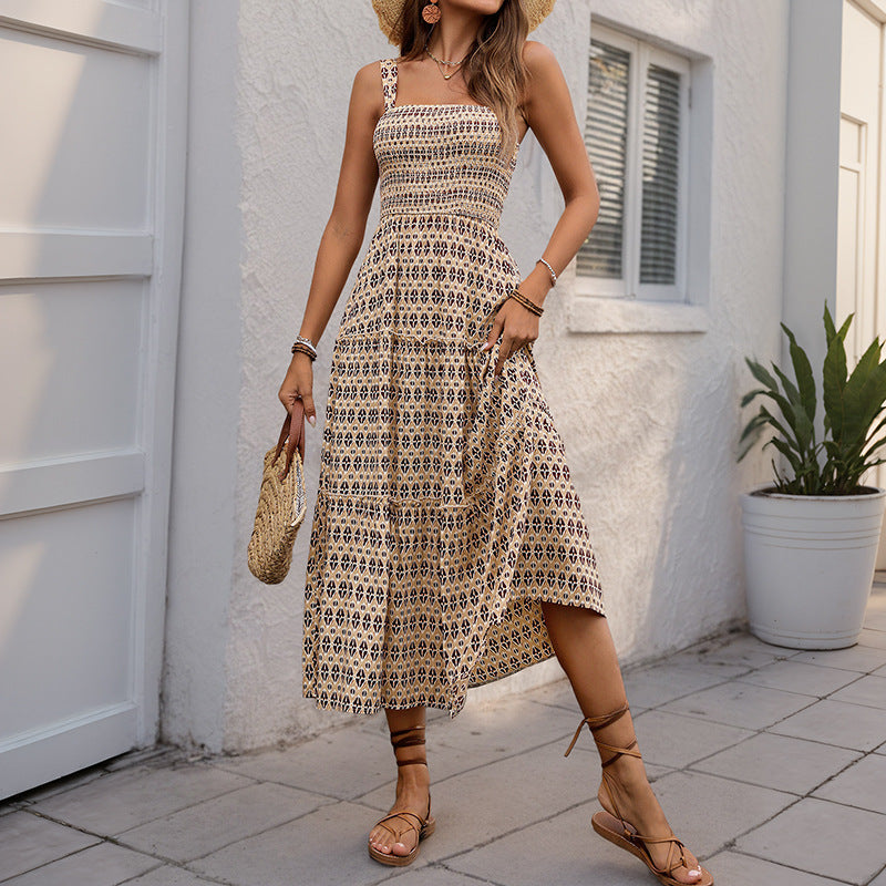 Robe Midi à volants inspirée du bohemian pour femme avec bretelles spaghetti réglables Chic und Stil