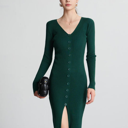 Dames Robe maxi à manches longues avec structure côtelée et détail de bouton Chic und Stil