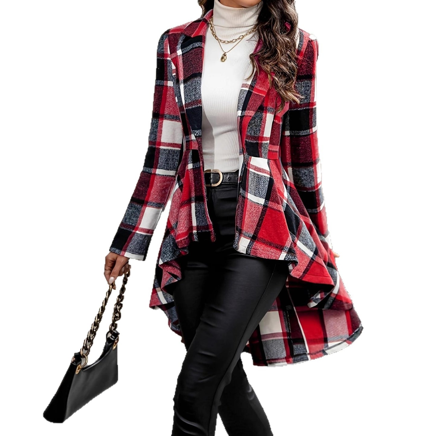 Women Elegant and Flowing Plaid Jacket with Asymmetrical Hem Chic and Style