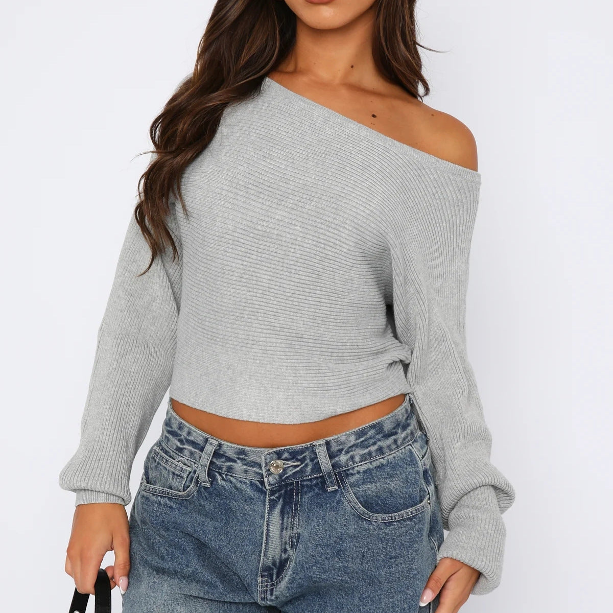 Dames Haut tricotée raccourcie avec décolleté asymétrique et coupe décontractée Chic und Stil