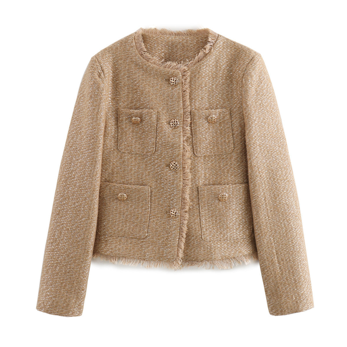 Blazer féminin élégant coupé court avec tissu texturé et détails de boutons dorés Chic und Stil