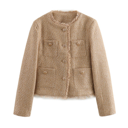 Blazer féminin élégant coupé court avec tissu texturé et détails de boutons dorés Chic und Stil