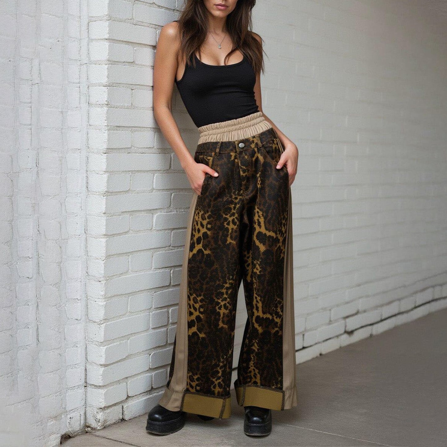 Wide leg pants for women with leopard print and elastic waistband Chic und Stil