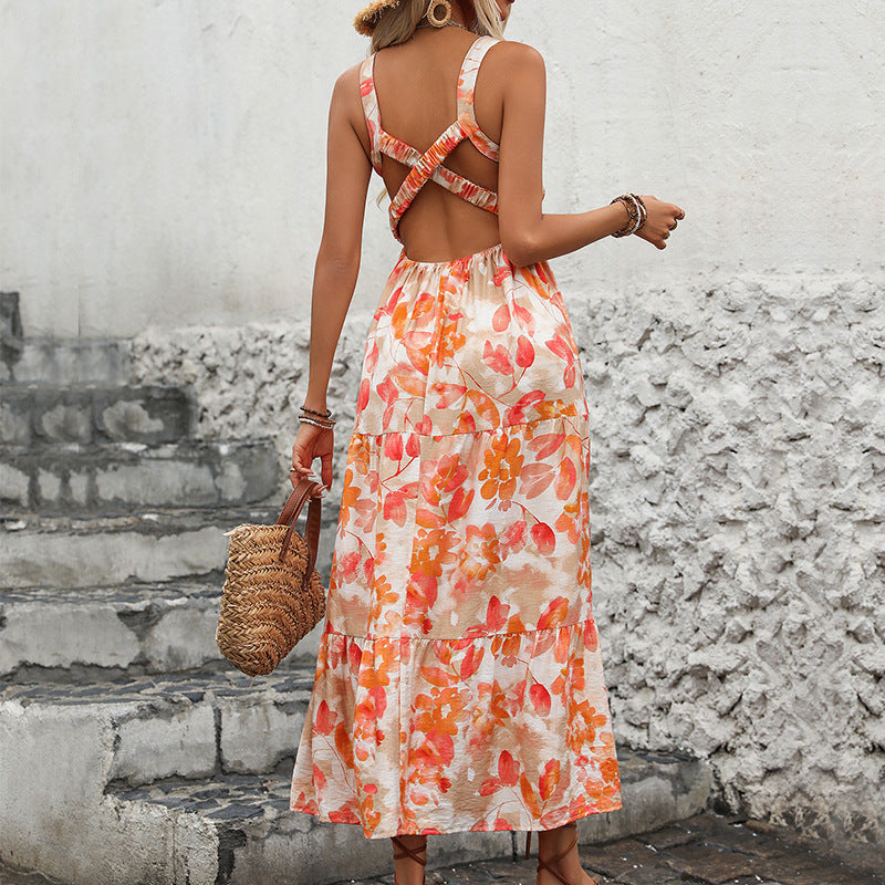 Robe maxi florale à volants pour femmes avec bretelles spaghetti réglables Chic und Stil