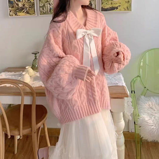 Dames Grand pull en tricot avec détail en noeud et motif en torsades Chic und Stil