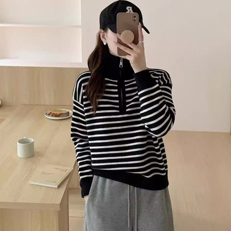 Pull en tricot pour femmes avec courte fermeture éclair et motif rayé tendance Chic und Stil