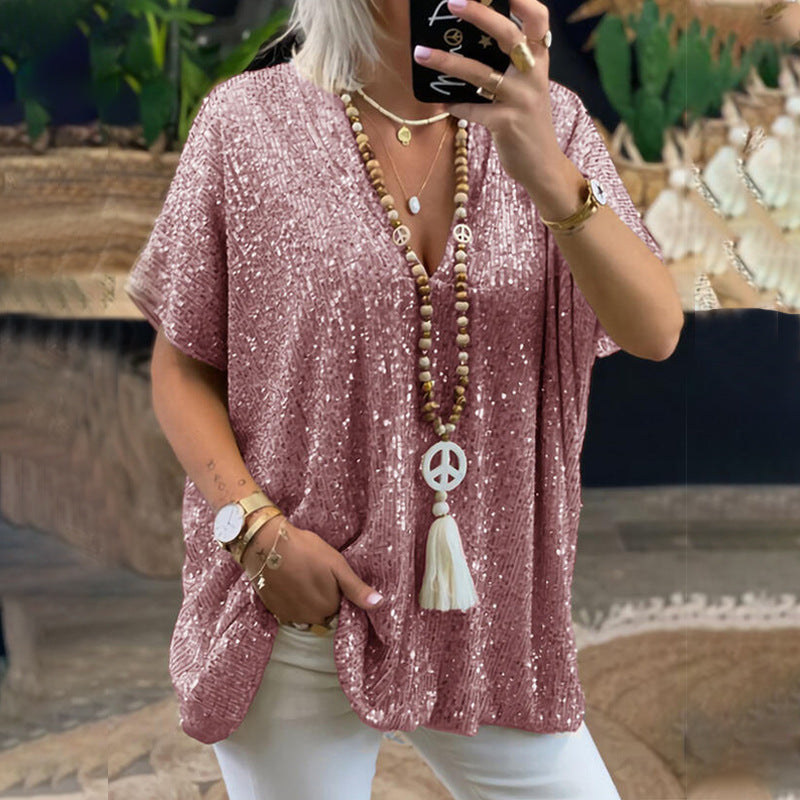 T-Shirt tunique paillettes glamour pour femmes avec décolleté en V Chic und Stil