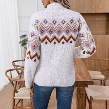 Pull en tricot pour femmes avec motif à la mode et col montant Chic und Stil