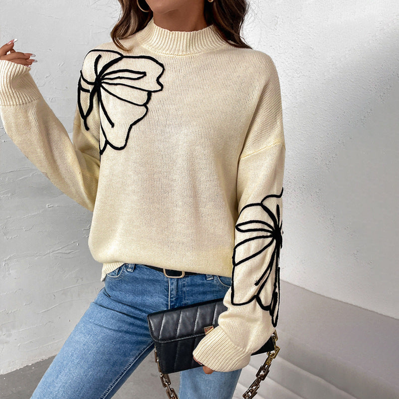 Pull-over en tricot pour femmes avec design floral et col montant Chic und Stil