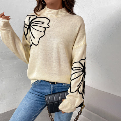 Pull-over en tricot pour femmes avec design floral et col montant Chic und Stil
