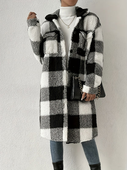 Dame Teddy-pull à capuche avec motif à carreaux et poches pratiques Chic und Stil