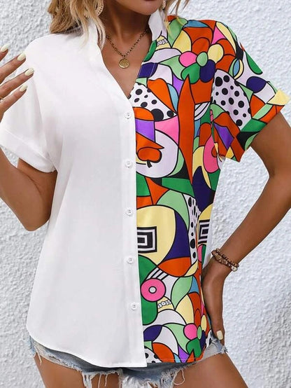 Chemise à manches courtes en patchwork coloré pour dames avec patte de boutonnage Chic und Stil