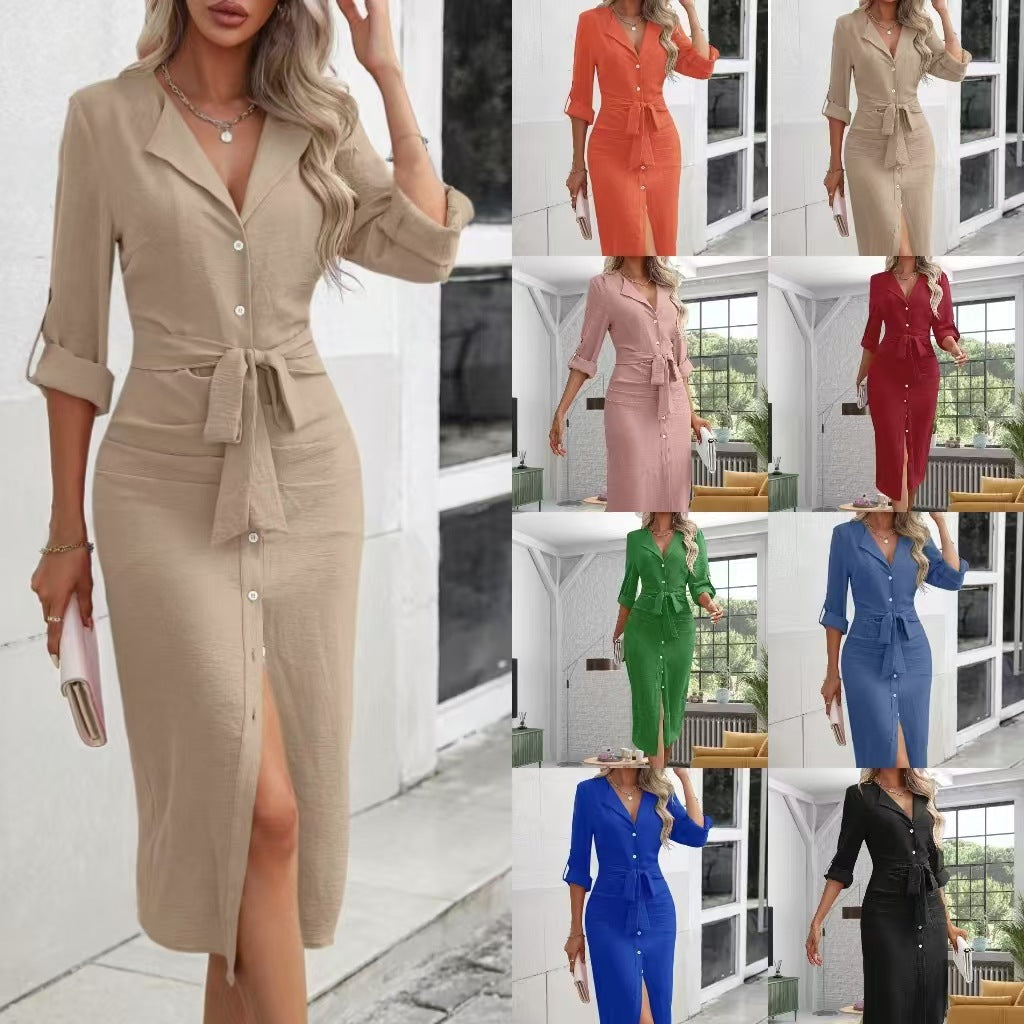 Robe mi-longue pour dames avec fermeture à bouton et ceinture à la taille Chic und Stil