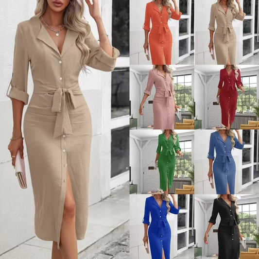 Robe mi-longue pour dames avec fermeture à bouton et ceinture à la taille Chic und Stil
