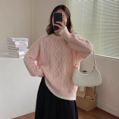 Pull en grosse maille pour femmes avec motif torsadé et finition de col contrastante Chic und Stil