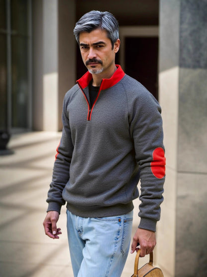 Pull en sweat-mode pour hommes avec fermeture éclair fonctionnelle et patchs contrastants aux coudes Chic und Stil