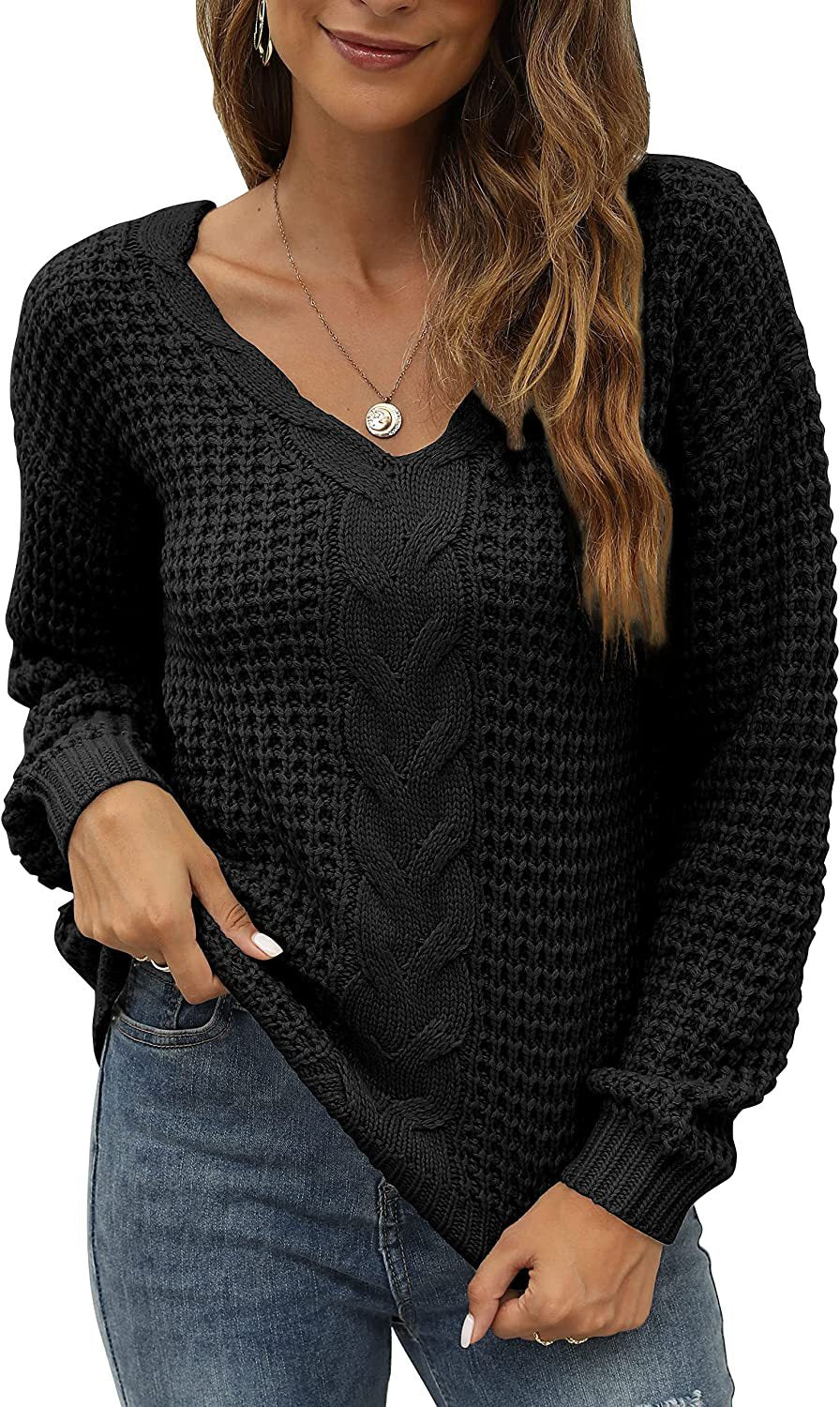 Pull-over en tricot décontracté pour femmes avec décolleté en V plongeant et motif de torsades détaillé Chic und Stil