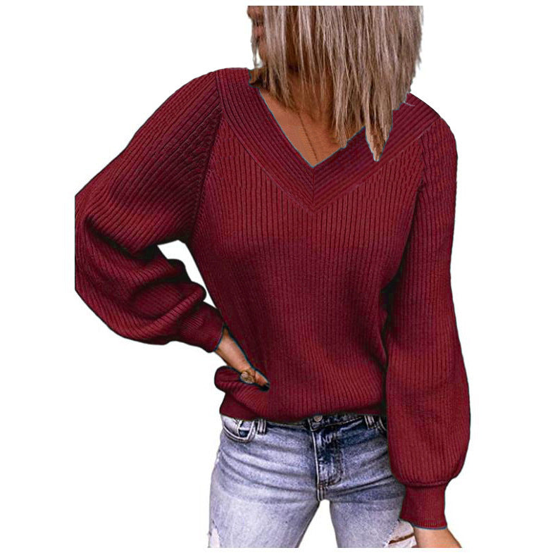 Pull en tricot pour femmes avec décolleté en V et manches bouffantes Chic und Stil