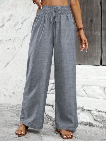 Wide linen pants for women with elastic waistband and side tie belt Chic and Style