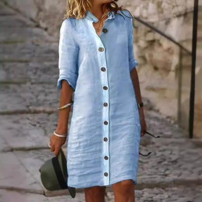 Robe chemise en lin pour femmes avec patte de boutonnage et manches retournables Chic und Stil