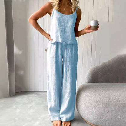 Casual linen set for women with strapless blouse and wide leg pants Chic and Style