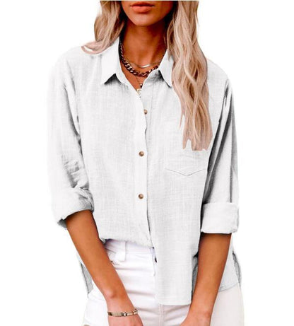 Blouse en lin décontractée pour femmes à manches courtes et détails de boutons Chic und Stil