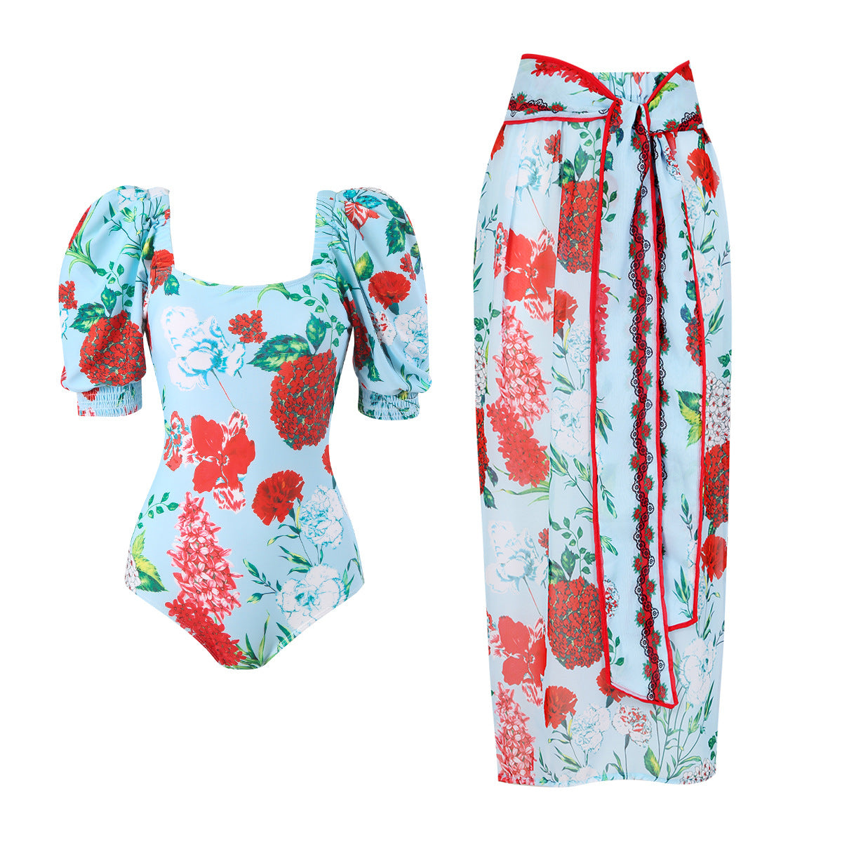 Maillot de bain pour dames avec des manches bouffantes volumineuses et une jupe portefeuille assortie Chic und Stil